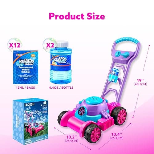 SLOOSH Bubble Lawn Mower Toddler Toys - Spill-Proof Bubble Machine Pretend Gardening Toy for Age 1 2 3 1-3 Year Old Toddler Indoor Outdoor Use, Baby Girl Push Toys Easter Birthday Gift (Pink) thumbnail 3