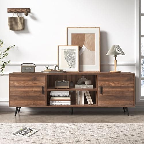 AUXSOUL 70 Inch Mid Century Modern TV Stand for 75 Inch TV, Wood TV Stand with Storage, Entertainment Center for Living Room Bedroom, TV Media Console, Walnut thumbnail 3