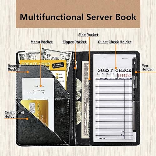Decahouy Server Book for Waitress,Server Books for Waitress with Zipper Pocket,Cute Server Book, Waitstaff Organizer Waitress Book with Money Pocket and Zipper Fit Server Apron,Cute Bees thumbnail 3