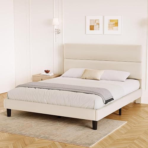 GRUSIGN Queen Size Platform Bed Frame with Velvet Headboard, Adjustable Height Wooden Slats Support, Upholstered Mattress Foundation, Fits Mattress or Mattress with Box Spring, Easy Assembly, Beige thumbnail 7