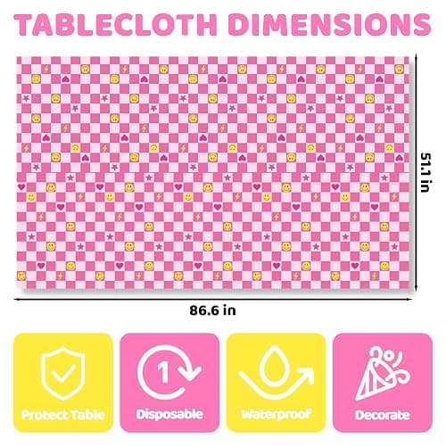 2Pcs Preppy Party Tablecloths Retro Smile Face Lightning Heart Star Table Cover Pink White Checkered Disposable Plastic Tableware for Y2K Groovy Birthday Baby Shower Party Table Decor Supplies thumbnail 3