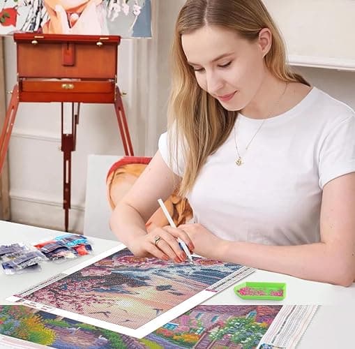 QENSPE Diamond Painting Art Kits for Adults, 5D DIY Sunset Seaside Diamond Art Round Full Drill Kits for Beginners, Pink Flowers Gem Peinture Diamant Craft Home Wall Decor Gift 30x40cm thumbnail 6