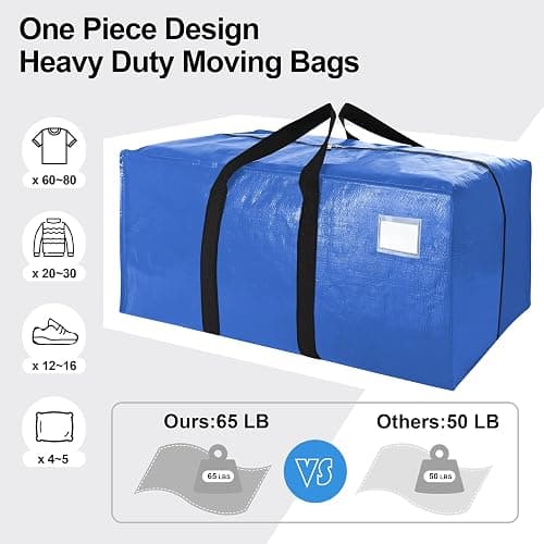 VELVETSURE Heavy Duty Extra Large Moving Bags W/Backpack Straps - Strong Handles & Zippers, Storage Totes For Space Saving, Fold Flat, Alternative to Box and Bin (Set of 6, Multicolor) thumbnail 5