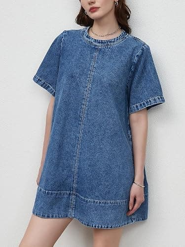 LifeShe Denim Dress for Women Summer Casual Short Sleeve Chambray Mini Jean Dresses with Pockets thumbnail 5