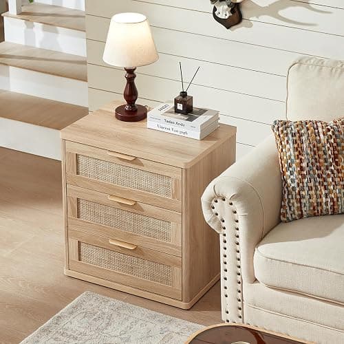 LEYAOYAO Rattan Night Stand Set of 2 with Drawers, 23" Large 3 Drawer Boho Nightstand, Natural Wood Bedside Table Storage Cabinet, Bed Side End Tables Dresser for Bedroom, Living Room, Hallway, Closet thumbnail 2