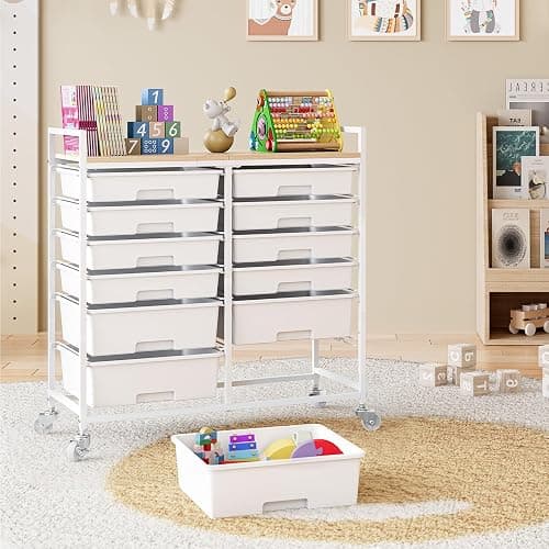 Rolling Storage Cart with 12 Drawers, Wooden Tabletop Utility Cart for Craft Storage, Art Supply Storage & Home Office Organization, Teacher Cart with Wheels for Classroom, School (White) thumbnail 8