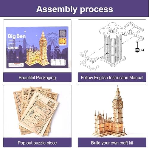 ROBOTIME 3D Puzzle for Adults Wooden Craft Kits for Teens DIY Construction Model Kit with LED Light to Build Educational Big Ben Set Toys Birthday Gifts thumbnail 8