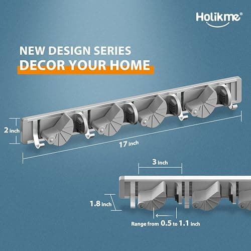 Holikme Mop Broom Holder Wall Mount Metal Pantry Organization and Storage Garden Kitchen Tool Organizer Wall Hanger for Home Goods (4 Positions with 4 Hooks, Silver) thumbnail 2