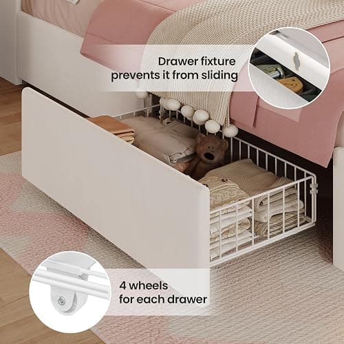 BTHFST Full Bed Frame with Storage Headboard & 4 Drawers, Girl Upholstered Storage Bed with LED Lights & Charging Station, No Box Spring Needed, Easy Assembly, Beige thumbnail 4
