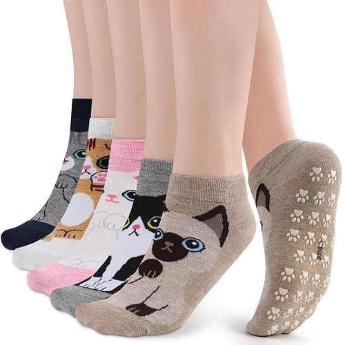 Non Slip Grippy Socks for Women Girls 5 Pack Cute Cat Grip Socks Pilates Slippers Footies for Yoga Barre Hospital - Image 1