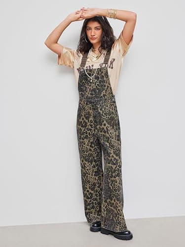 CIDER Overalls for Women Denim Leopard Pocket Buckle Up Wide Leg Jumpsuit thumbnail 2