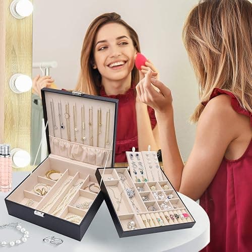 ProCase Jewelry Box for Women, 2 Layers Large Leather Jewelry Organizer Storage Case with Removable Pad for Earrings -Black thumbnail 2
