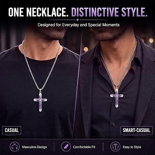 GTMJ Amethyst Cross Necklace for Men with Adjustable Box Chain For Everyday Wear Christian Men's Cross Necklace Jewelry Gifts thumbnail 6