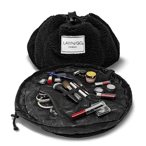 Lay-n-Go Cosmo Drawstring Cosmetic & Makeup Bag Organizer - Portable Drawstring Makeup Bag w/Zipper Pocket, Makeup Loops & More - Durable, Machine Washable Toiletry Bag (20", Comfort/Black Sherpa) - Image 1