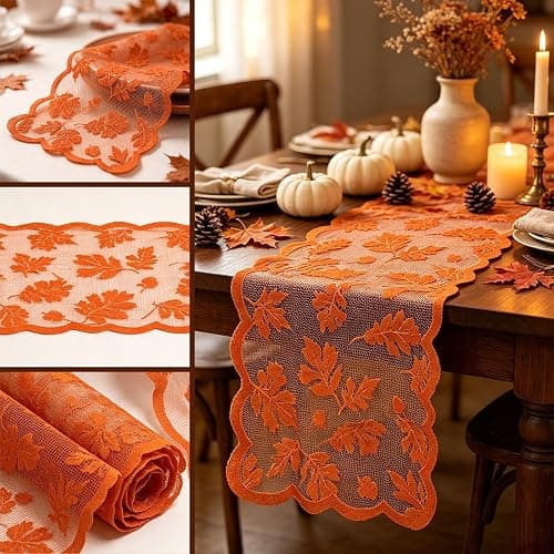 Fall Table Runner Fall Decorations for Home 13 x 72 Inch Maples Leaves Lace | Fall Decor Orange Runners Thanksgiving Table Runner Autumn Harvest Thanksgiving Decorations for Table Kitchen Dining Party thumbnail 3