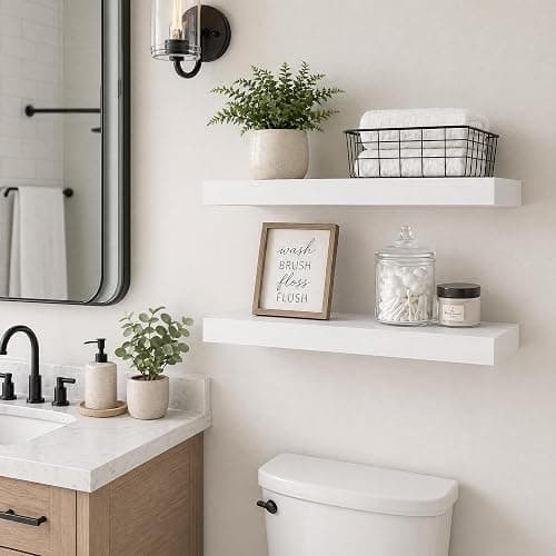 Ornawit 24" White Floating Shelves Wood Wall Shelf, White Color, Set of 2 | Wall Mounted Wood Shelves, For Bathroom, Bedroom, Living Room, Kitchen, Hanging Shelf for Books/Storage/Room Décor thumbnail 2