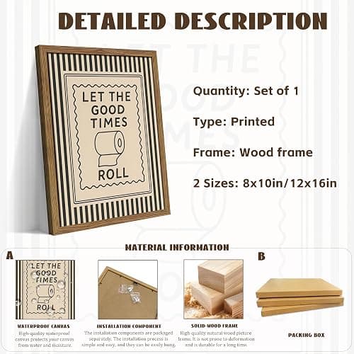 Framed Let The Good Times Roll Bathroom Print, Vintage Funny Toilet Quote Canvas Wall Art, Stripes Bathroom Picture Poster, Downstairs Toilet Painting Wall Decor 8x10 inch thumbnail 5