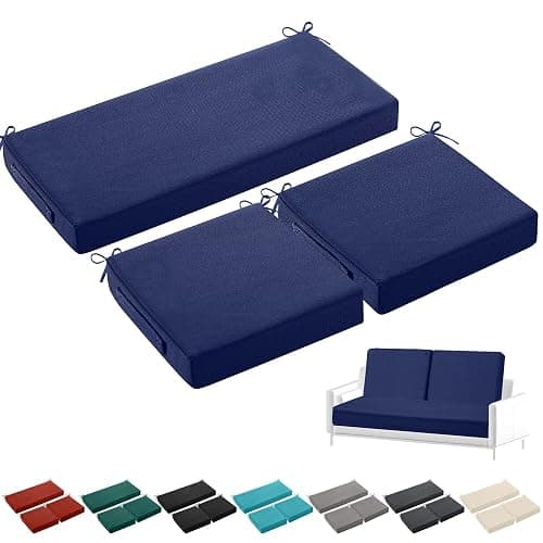 Leinuosen 3 Pcs Outdoor Chair Cushions Set 44 x 19 Inch Loveseat Tufted Waterproof Patio Furniture Love Seat Pad Cushion for Square Settee Indoor Sofa Wicker Couch Bench(Navy Blue) - Image 1