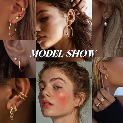 42 Pairs Gold Hoop Earrings Set for Women, Fashion Chunky Pearl Earrings Multipack Twisted Statement Earring Pack, Hypoallergenic Small Big Hoops Earrings for Birthday Party thumbnail 6