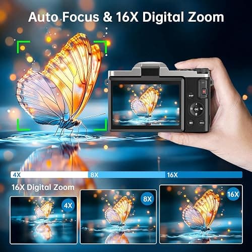 4K Digital Camera for Photography with WiFi, 2025 Latest Auto-Focus Vlogging Camera for YouTube Video 3'' 180° Flip Screen Travel Cameras 16X Zoom Anti-Shake 4K Cameras with SD Card, 2 Batteries thumbnail 4