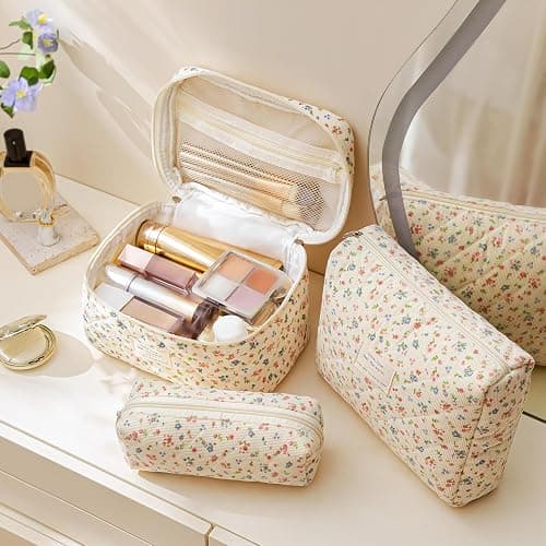 HBselect Quilted Makeup Bag, 3Pcs Cotton Large Travel Makeup Bags Organizer | Cute Floral Make up Bag Cosmetic Bag Toiletry Bag for Women Girls, Makeup Pouch for Skincare, Brushes & Travel Essentials thumbnail 2