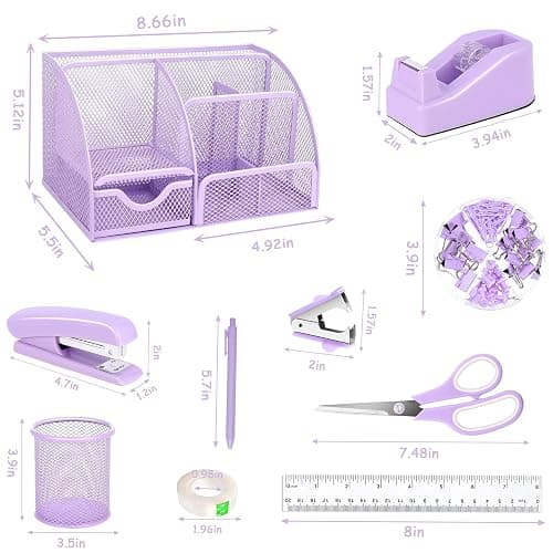 Purple Office Desk Accessories Supplies, 12pcs Desk Organizers and Accessories with Tape dispenser and Stapler,Staples,Staple Remover,Pen Holder,Scissor,Ruler,Sticky Tabs,Tape,Ballpoint Pen,Clips Set thumbnail 2