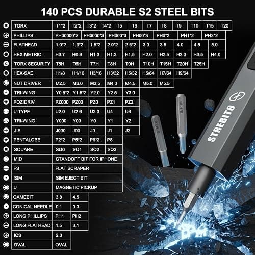 STREBITO 155 in 1 Electric Screwdriver Set, Small Electric Screwdriver Cordless with 140 S2 Magnetic Bits, Electronic Power Screwdriver Repair Tool Kit for RC, Computer, Pc Building, Laptop（Upgraded） thumbnail 3