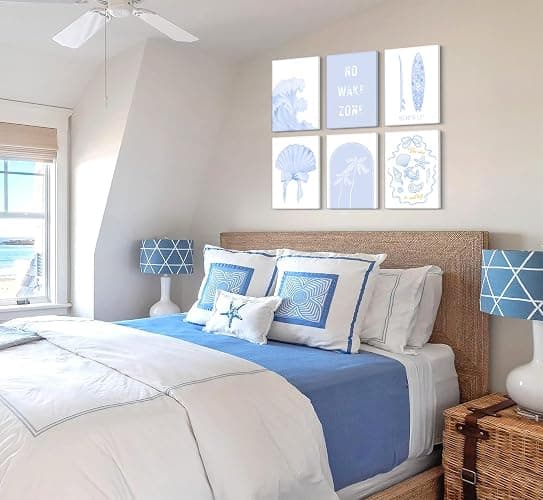6pcs Blue Coastal Beach Wall Art Coastal Granddaughter Bow Shells Aesthetic Painting Picture Wall Decor No Wake Zone Preppy Poster Print Artwork for Living Room Bedroom Bathroom Dorm Home Decoration thumbnail 4