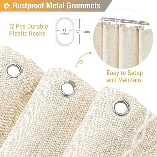 BTTN Boho Farmhouse Shower Curtain, Linen Rustic Weighted Striped Cloth Shower Curtain Set with Tassel, Water Repellent, Bohemian Vintage Country Fabric Shower Curtain for Bathroom, Cream/Beige, 72x72 thumbnail 6