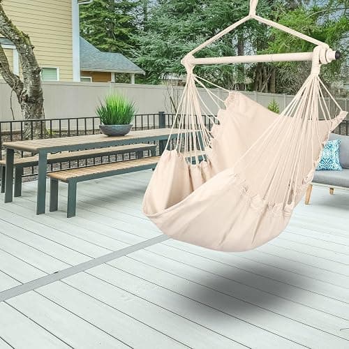 Highwild Hammock Chair Hanging Rope Swing - Max 500 Lbs - Steel Spreader Bar with Anti-Slip Rings - for Any Indoor or Outdoor Spaces (Beige) thumbnail 2