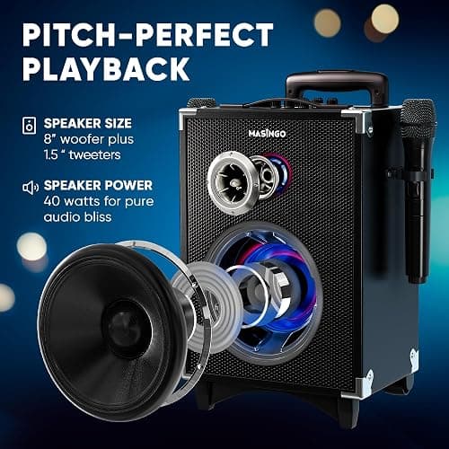 MASINGO Karaoke Machine for Adults and Kids, 40W Speaker with 8" Woofer, 2 Wireless Microphones, Bluetooth, USB, MicroSD, FM Radio, TV Connection, Tablet Holder, and Real-Time Karaoke Mode, Soprano X2 thumbnail 3