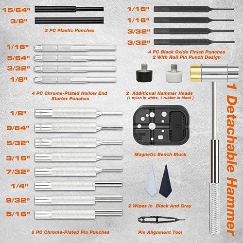 BESTNULE 25pc Punch Set and Hammer, Roll Pin Punch Set with Bench Block | Complete Punch Set, Enhanced Magnetic Bench Block, 4 Replaceable Hammer Faces, Heat-Treated 40#Cr Steel, Compact Case thumbnail 2