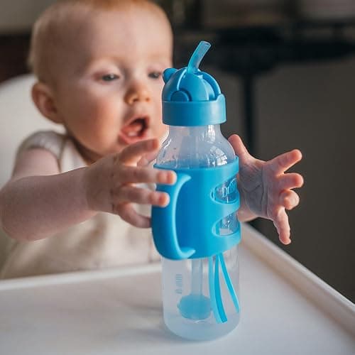 Dr. Brown's Milestones Narrow Sippy Straw Bottle, Spill-Proof with 100% Silicone Handles and Weighted Straw, 8 oz/250 mL, Gray & Blue, 6m+ thumbnail 2