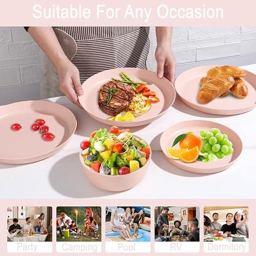 EI 12pcs Pink Wheat Straw Plates,Wheat Straw Dinnerware Set for 4,Plates and Bowls Sets,Plastic Plate Reusable,Unbreakable Plastic Plate Melamine,Camping Family Dishes Set thumbnail 8