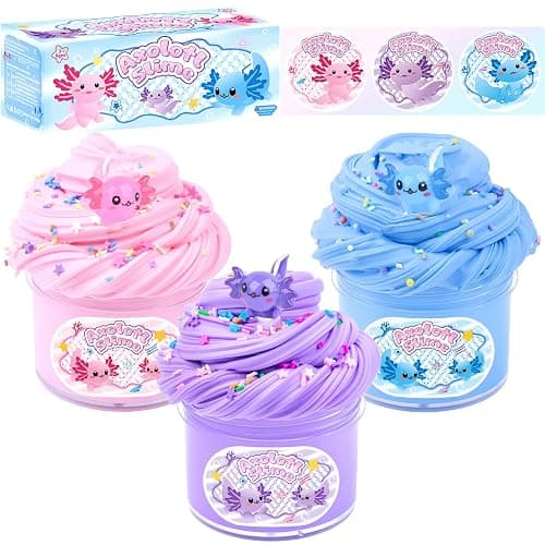 3 Pack Axolotl Butter Slime, Butter Slime Kit with Pink, Blue, Purple Axolotl Charms, Soft and Stretchy, Slime Party Favor for Girls & Boys, Classroom Rewards, Birthday Gifts for Kids - Image 1