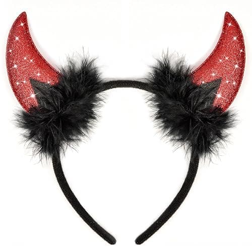 U-Zomir Devil Horns Headband with Face Jewels, Devil Costume for Women Halloween Headband Devil Costume Accessories - Image 1