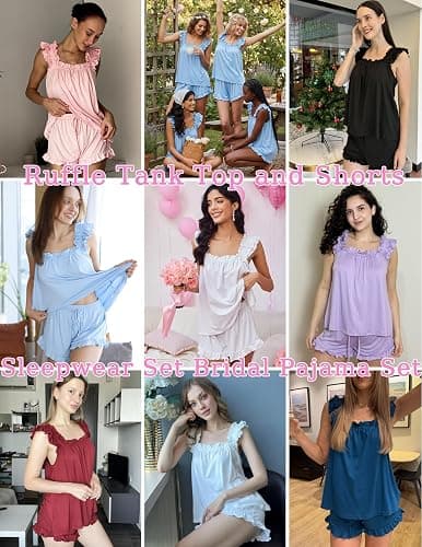 Ekouaer Pajama for Women Set 2 Piece Ruffle Pjs Soft Tank Top and Shorts Sleepwear Set Bridal Pajama Set for Women thumbnail 6