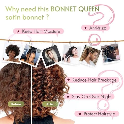 BONNET QUEEN Satin Bonnet Silk Bonnet for Sleeping Women Hair Bonnet Night Sleep Cap Scarf Wrap for Curly Hair with Tie Band Red Burgundy thumbnail 5