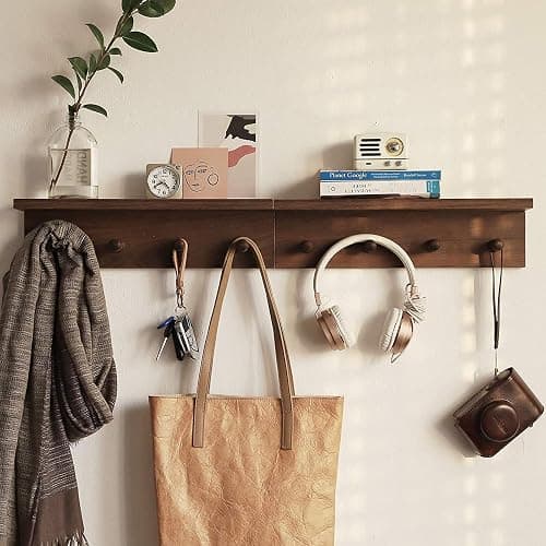 XAOMLP Entrance Coat Rack ，Coat Hooks, Wall-Mounted Wooden Hook Rack, Wall-Mounted Shelves are Very Suitable (Walnut Colored Finish-1) thumbnail 6