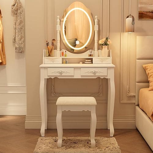 Vanity Desk with Mirror and Lights, Modern Vanity Makeup Table and Cushioned Stool Set with 4 Drawers, 3 Color Lighting Modes with Adjustable Brightness, Dressing Table Set for Bedroom (White Vanity) - Image 1