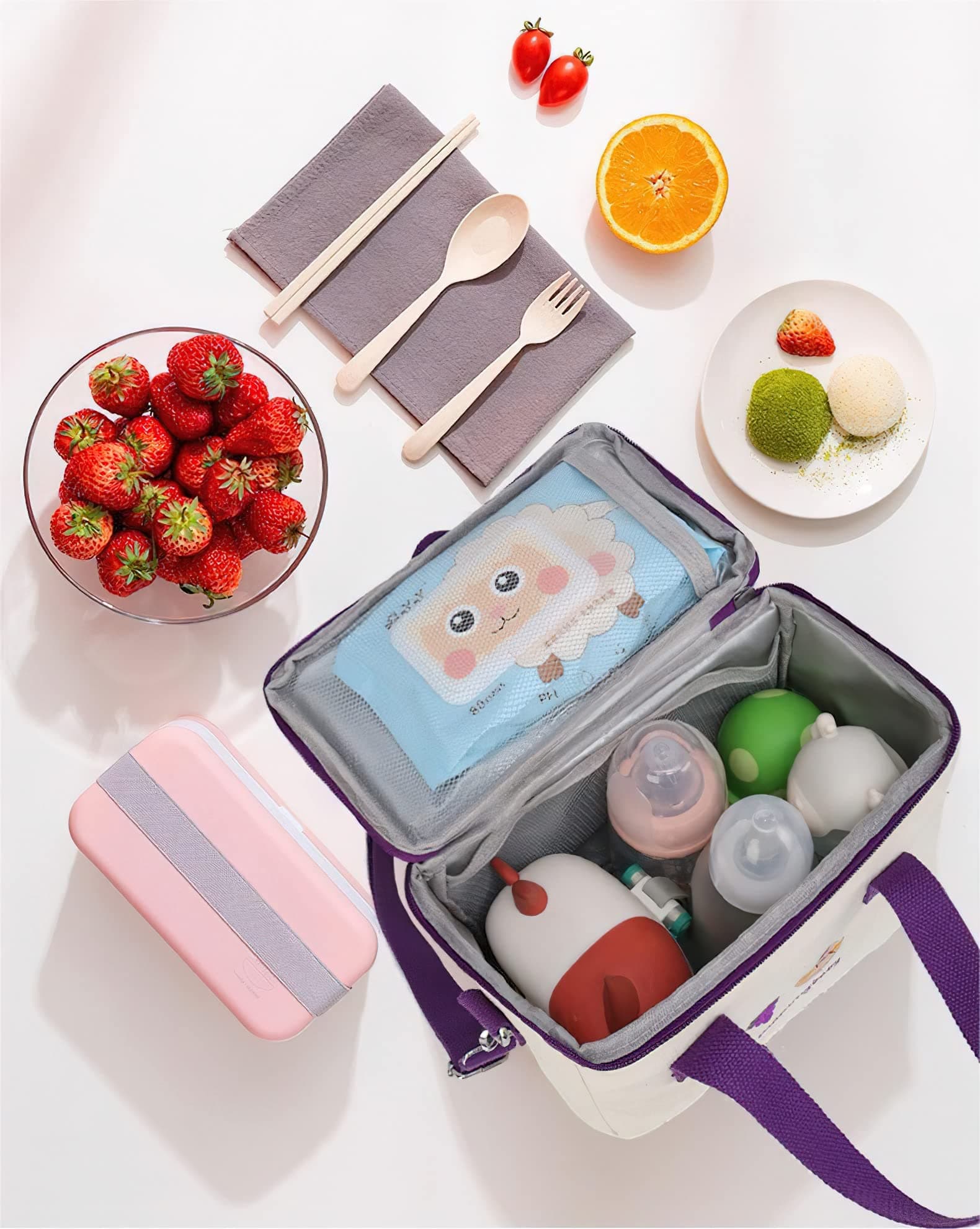LaurelTree Aesthetic Kawaii Cute Lunch Bag Box with Straps Insulated Waterproof Durable for Women Girls Kids Office School (Pink) thumbnail 3