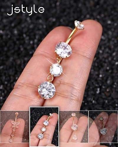Jstyle G23 Titanium Dangle Belly Button Rings for Women 14G Internally Threaded Belly Ring Dangling Piercing Jewelry with Heart Butterfly CZ Hypoallergenic Navel Piercing Ring thumbnail 7