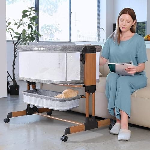 Ezebaby 3-in-1 Baby Bassinet, Rocking Baby Bassinets Bedside Sleeper, Adjustable Portable Crib for Newborn Infant with Wheels Storage Basket and Mesh Sides thumbnail 2