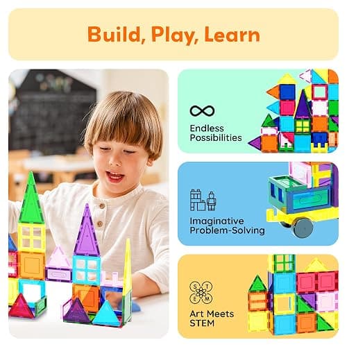 PicassoTiles 101 PCs Magnetic Tiles Building Blocks with Car & Drawstring Carry Bag Toy Storage Magnet Block for Toddlers Kids STEM Toy Set Educational Tile Learning Brain Development Ages 3+ PC101 thumbnail 5