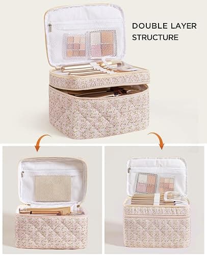HBselect 2Pcs Travel Makeup Bag, Large Cotton Quilted Makeup Bag Cosmetic Bag Cute Make up Bag Toiletry Bags for Women Girls thumbnail 3