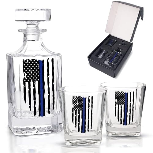 Rogue River Tactical Blue Line Tattered Flag Police Officer Whiskey Decanter Gift Set With 2 Glasses Custom Gift For Men Dad Father's Day PD Police Officer thumbnail 3