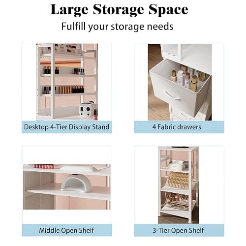 NinPeen Manicure Table Nail Desk for Nail tech with Drawers and Power Outlet,Nail Beauty Table with Storage and Open Shelves for Home,Workshop,Makeup Beauty Salon Workstation (White) thumbnail 5