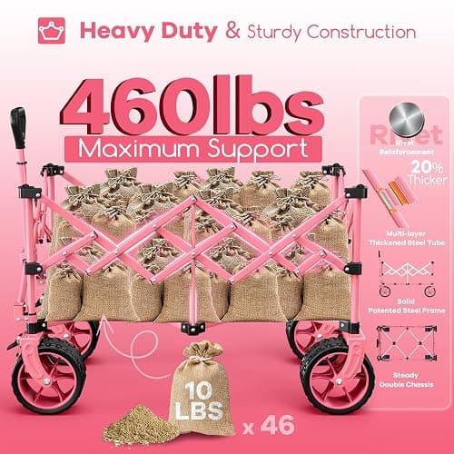 Originsure 220L Collapsible Wagon Cart Foldable, 460lbs Load Capacity Heavy Duty Folding Beach Wagons with Big All-Terrain Wheels, Utility Carts for Groceries, Camping, Sports - Pink thumbnail 4