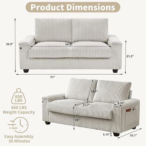 Sheng & Far 71" Loveseat Sofa with Storage Armrests & USB Charging Station | Storage Side Pockets, Sturdy Construction, Corduroy Fabric, White, for Living Room, Bedroom, Office, Apartment thumbnail 2