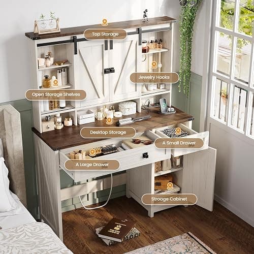 AOGLLATI Makeup Vanity with Lights & Barn Doors, Vanity Desk with Mirror and Lights & Charging Station, Farmhouse White Vanity Table with Jewelry Hooks and Open Storage Shelves thumbnail 6